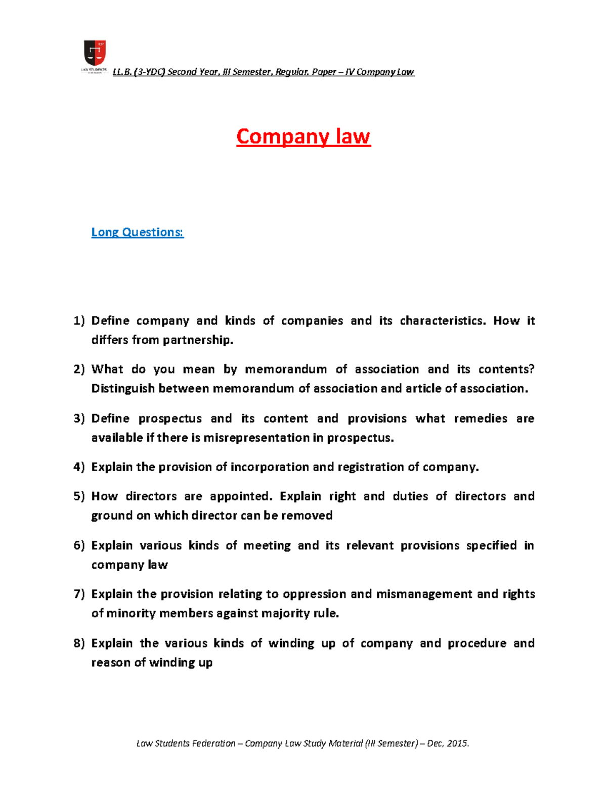 Company Law best material Company law Long Questions Define
