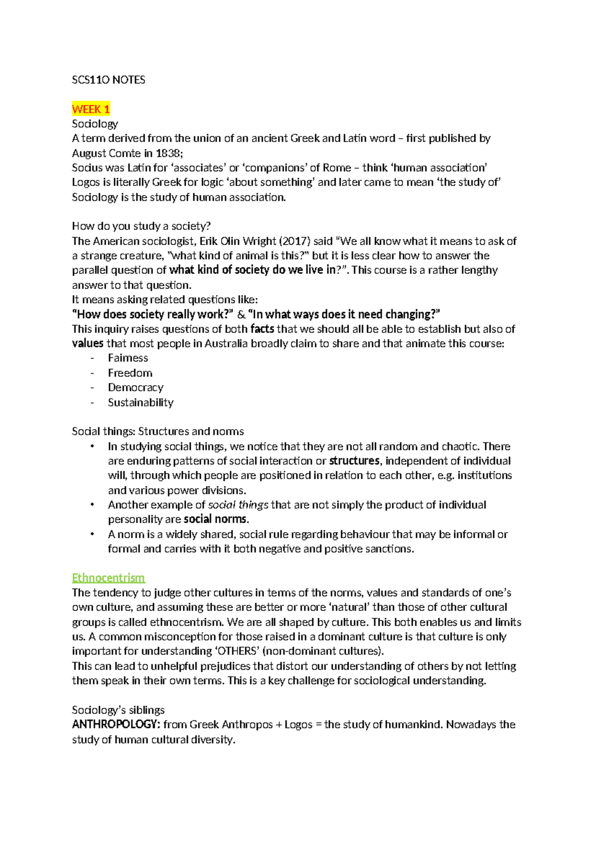 SCS11O Notes - SCS11O NOTES WEEK 1 Sociology A term derived from the ...