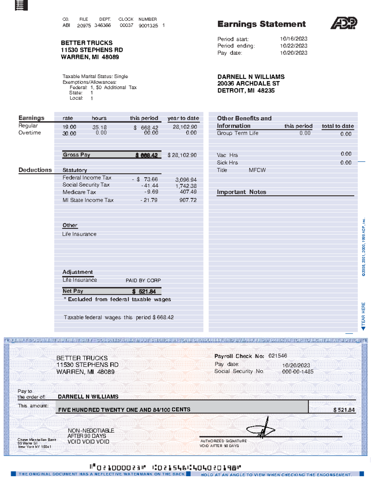 Darnell N Williams Paycheck 3 - TEAR HERE © 8, 2001, 2000, 1999 A DP ...