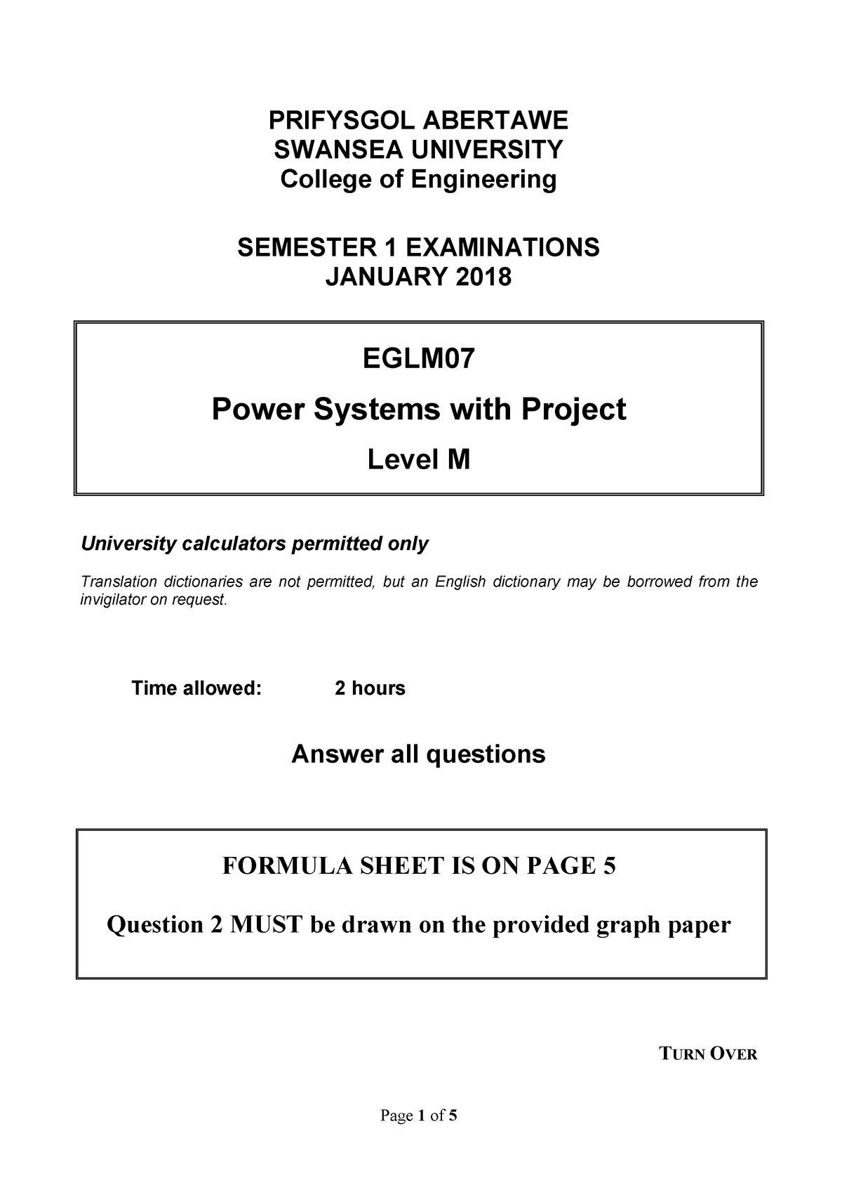 Exam 2017, Questions - PRIFYSGOL ABERTAWE SWANSEA UNIVERSITY College Of ...