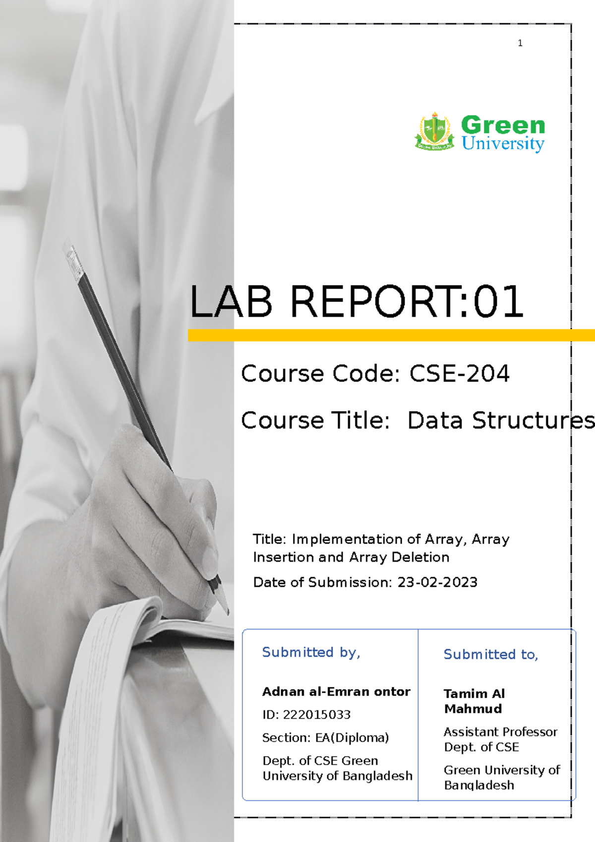 Lab Report 1 Adnan al-emran 222015 033 - LAB REPORT: Course Code: CSE ...