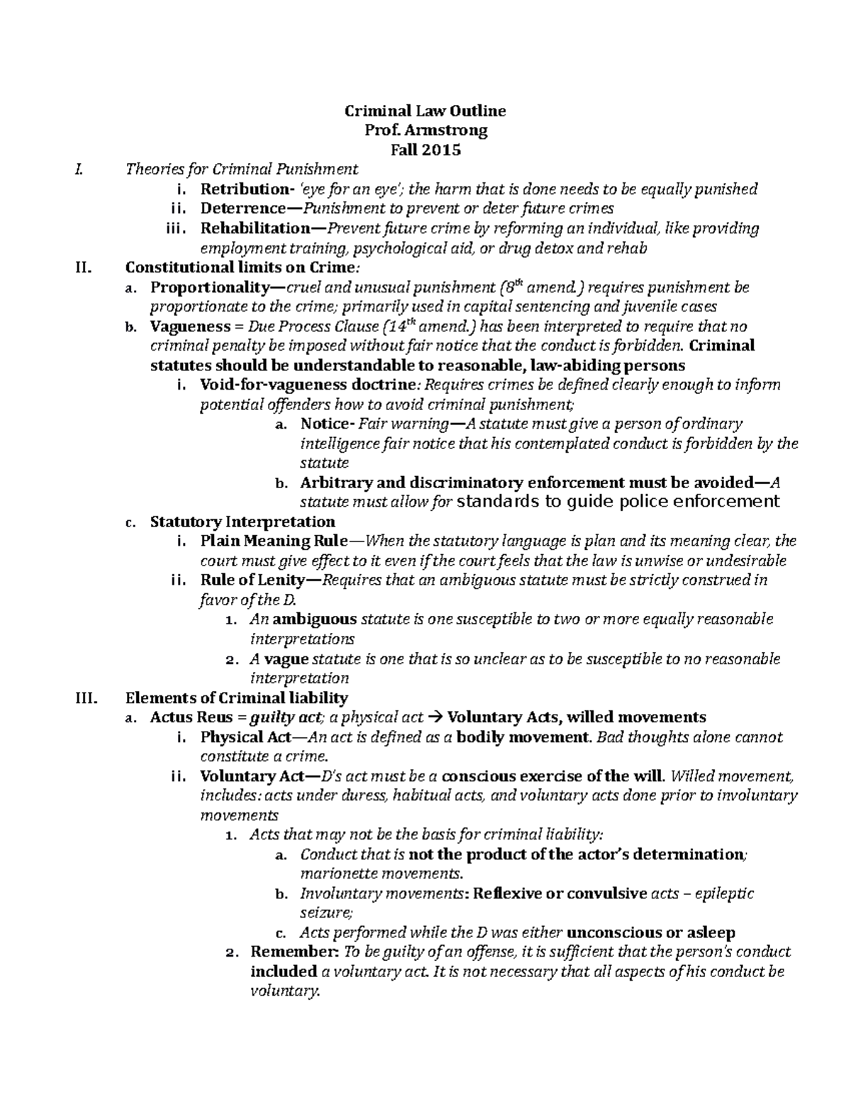 Crim Law Outline - Lecture notes All - Criminal Law Outline Prof ...