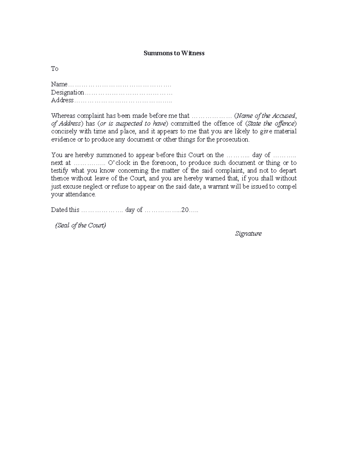 Summons TO Witness Drafting Miscellaneous Template 738 - Summons to ...