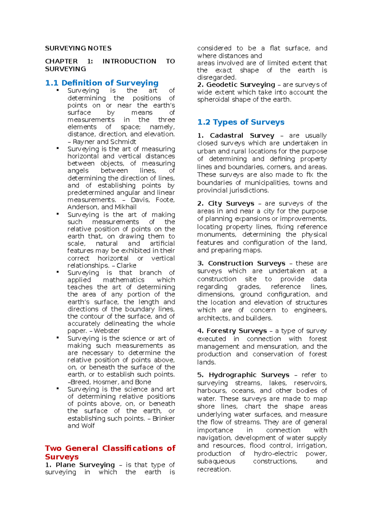 Chapter 1 - Introduction To Surveying - SURVEYING NOTES CHAPTER 1 ...