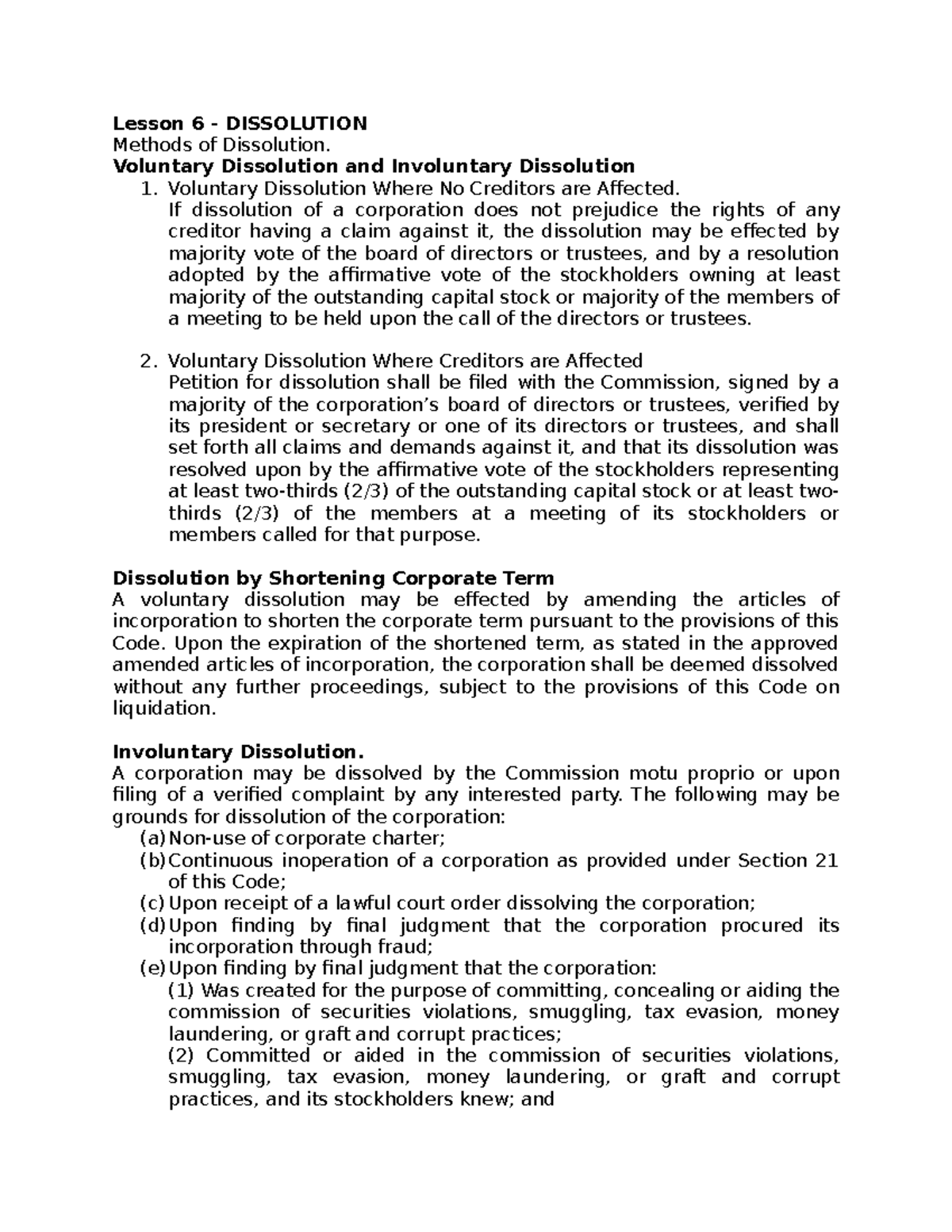 Lesson 6 - Corporation LAW - Lesson 6 - DISSOLUTION Methods Of ...