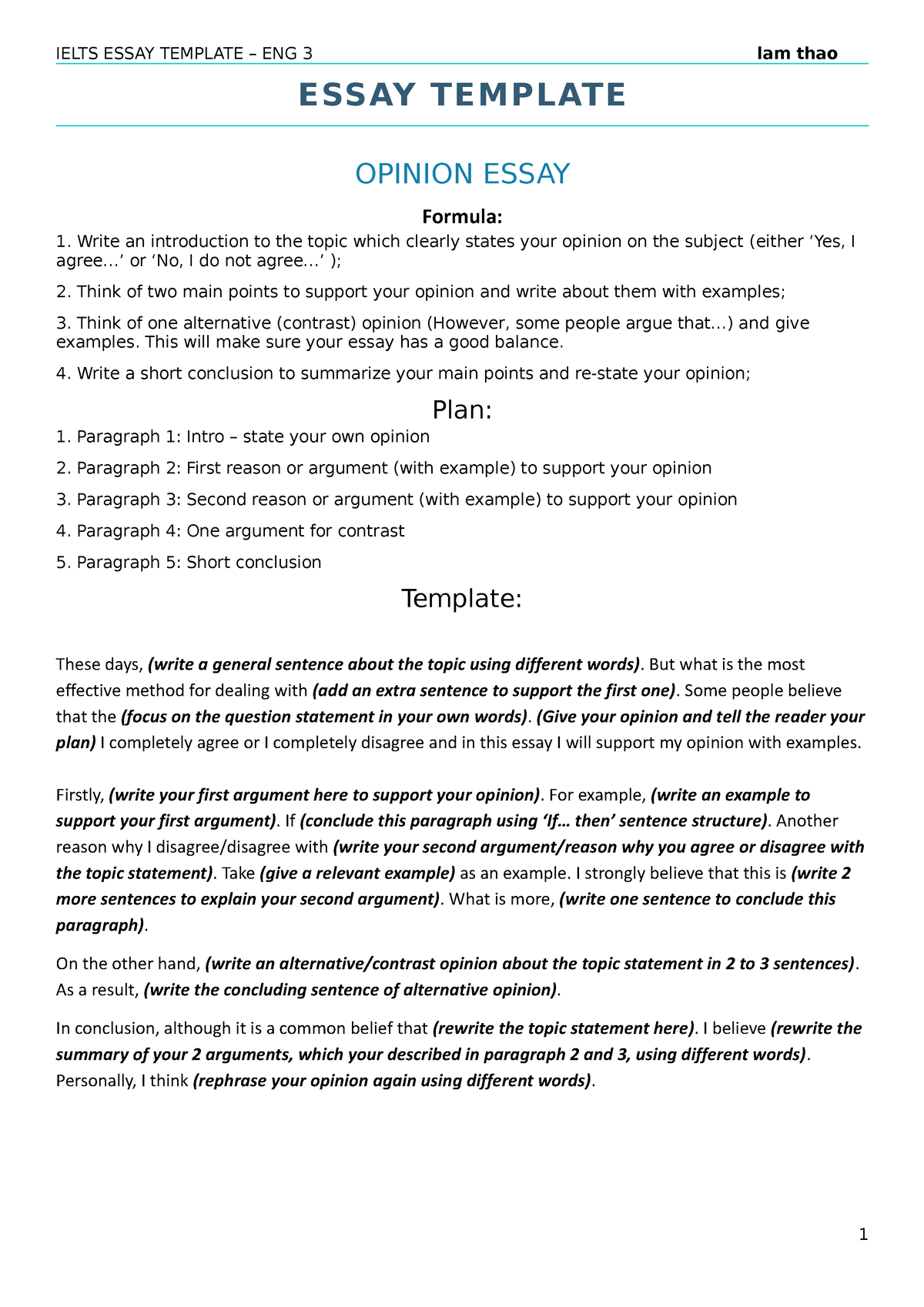 Essay Template - IELTS ESSAY TEMPLATE – ENG 3 lam thao ESSAY TEMPLATE ...