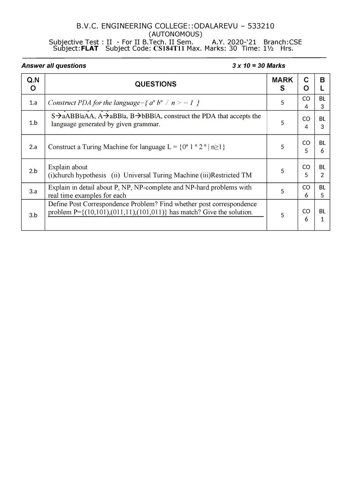 II -II SEM CSE MID-2 FLAT Descriptive - B.V. ENGINEERING COLLEGE ...