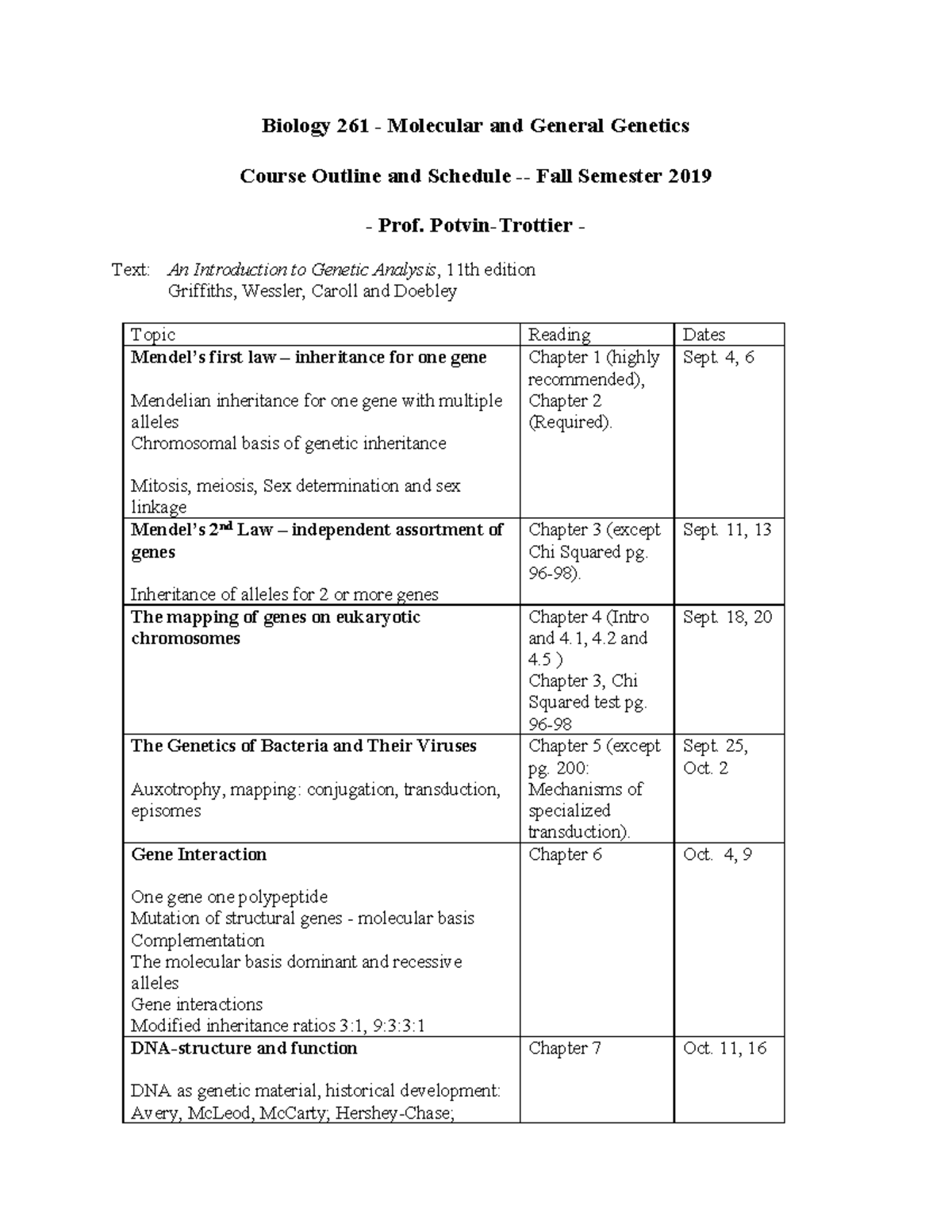 Biol 261 Course Outline 2019 - new schedule - Biology 261 - Molecular ...