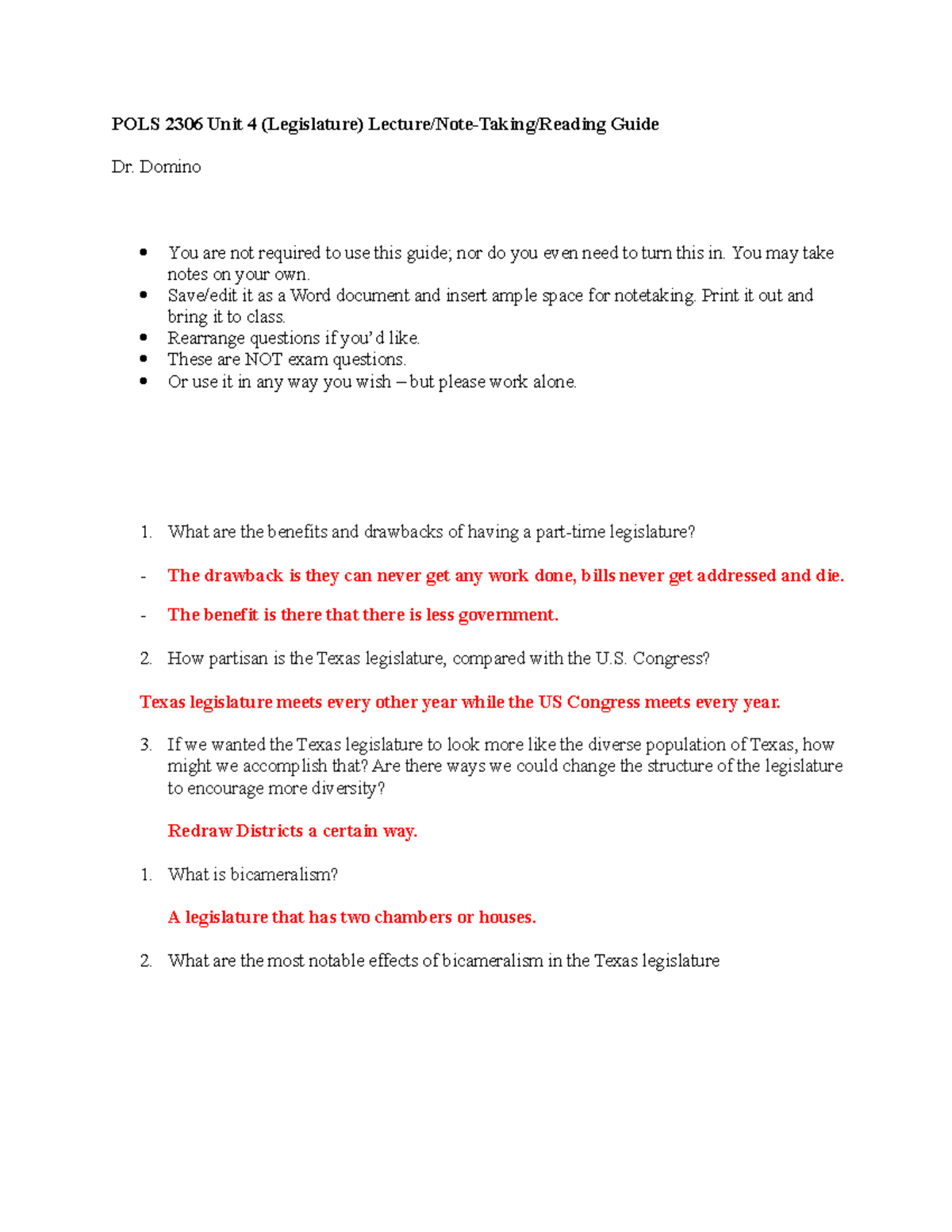 Tx gvmt unit 4 Study Guide - POLS 2306 Unit 4 (Legislature) Guide Dr ...