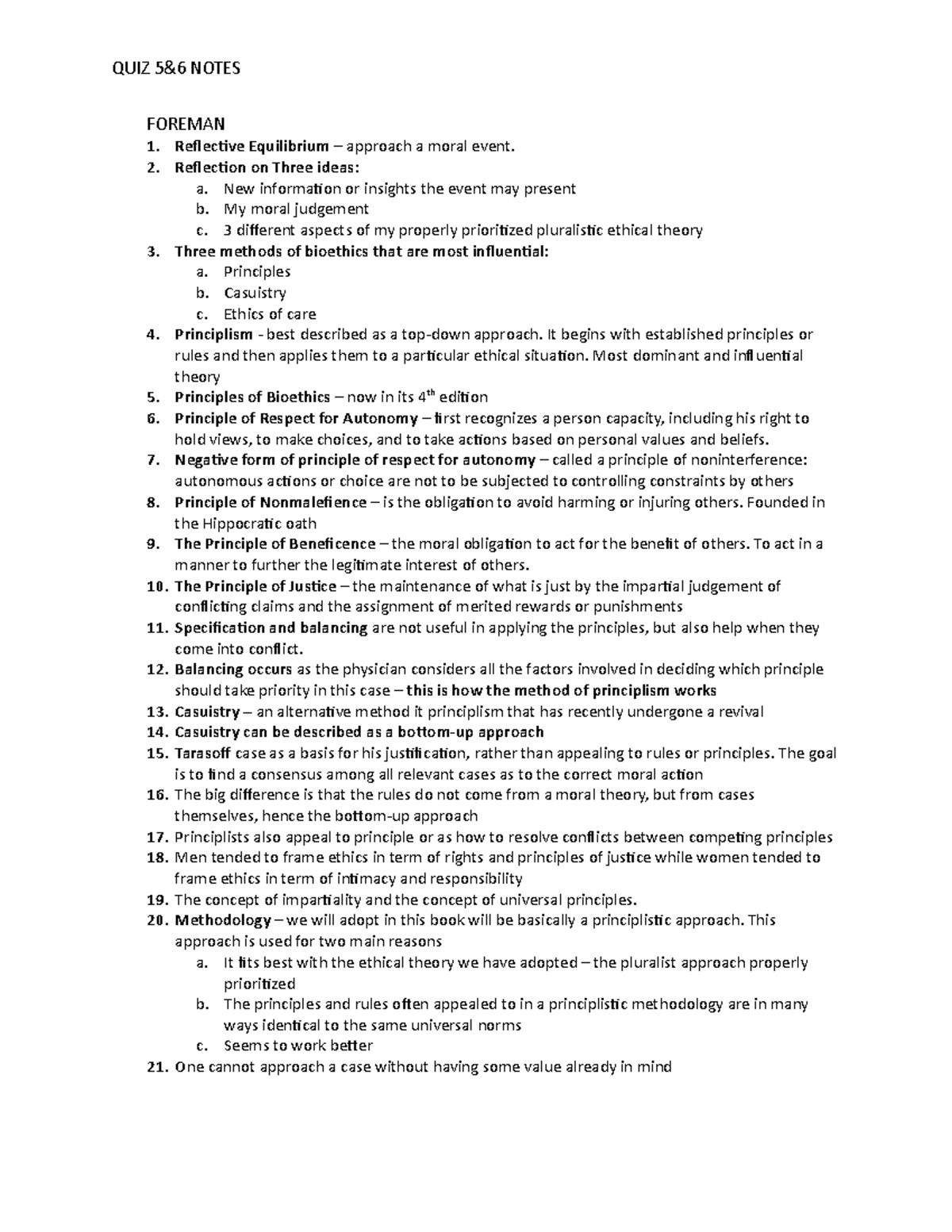 Quiz 5 & 6 notes - QUIZ 5&6 NOTES FOREMAN 1. Reflective Equilibrium ...