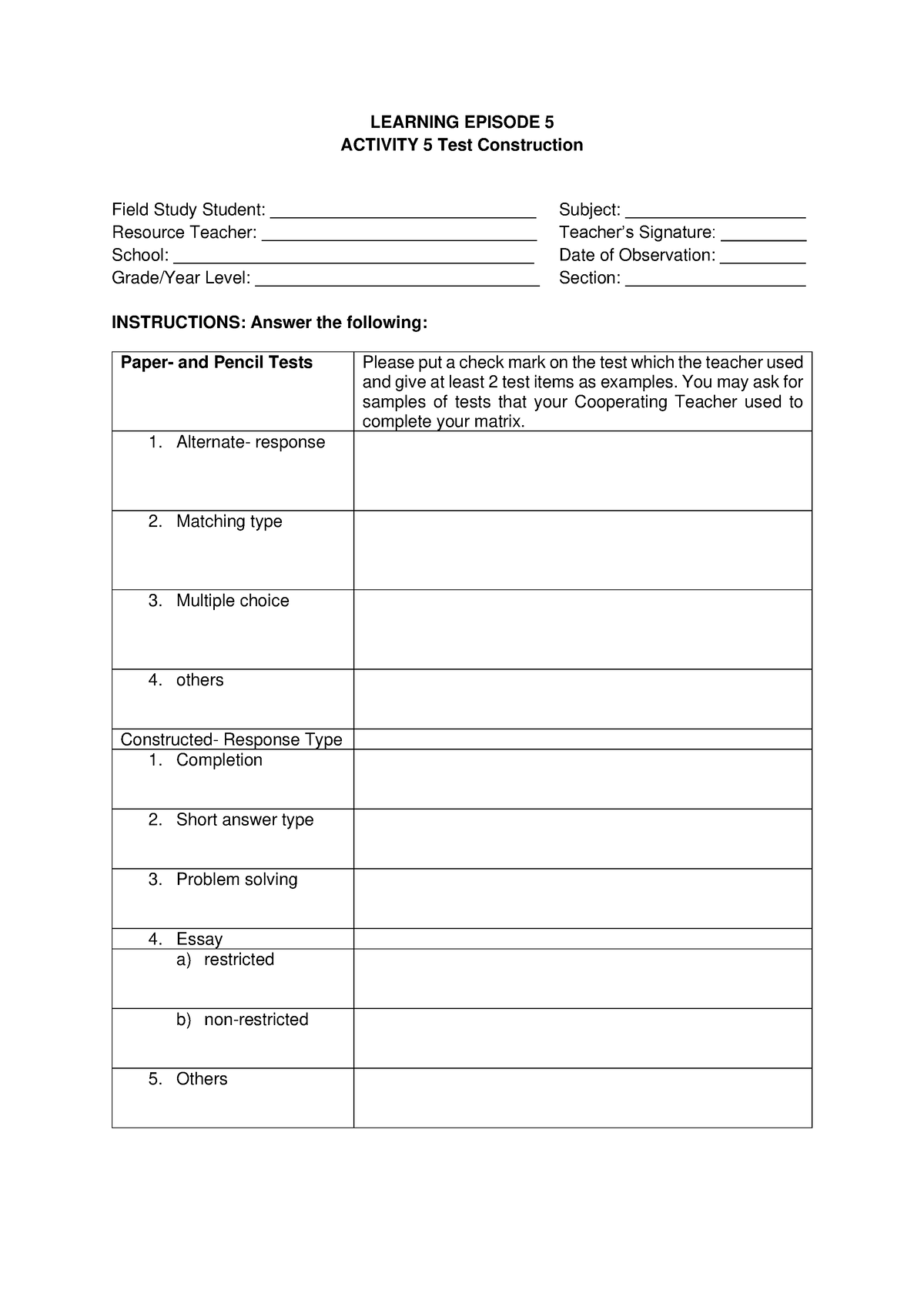 EDFS 22 LEp 5 - LEARNING EPISODE 5 ACTIVITY 5 Test Construction Field ...