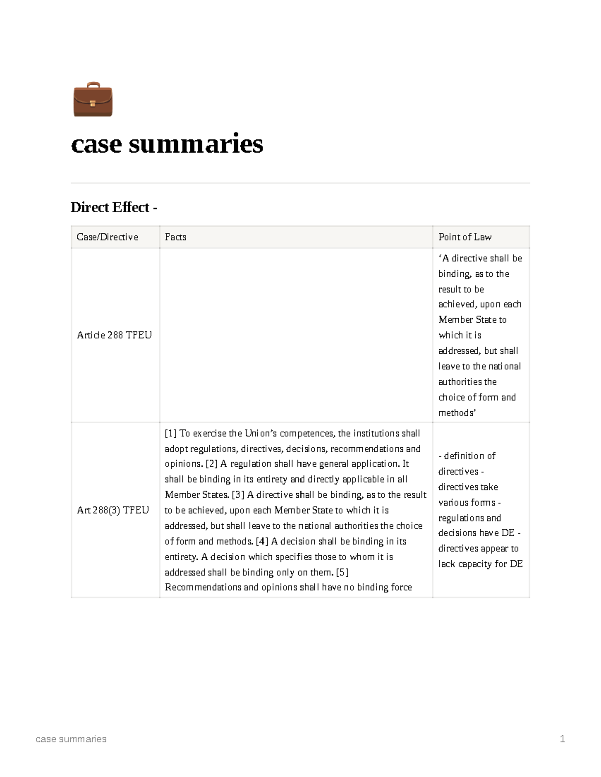 directives Case Table ª case summaries Direct Effect Case/Directive