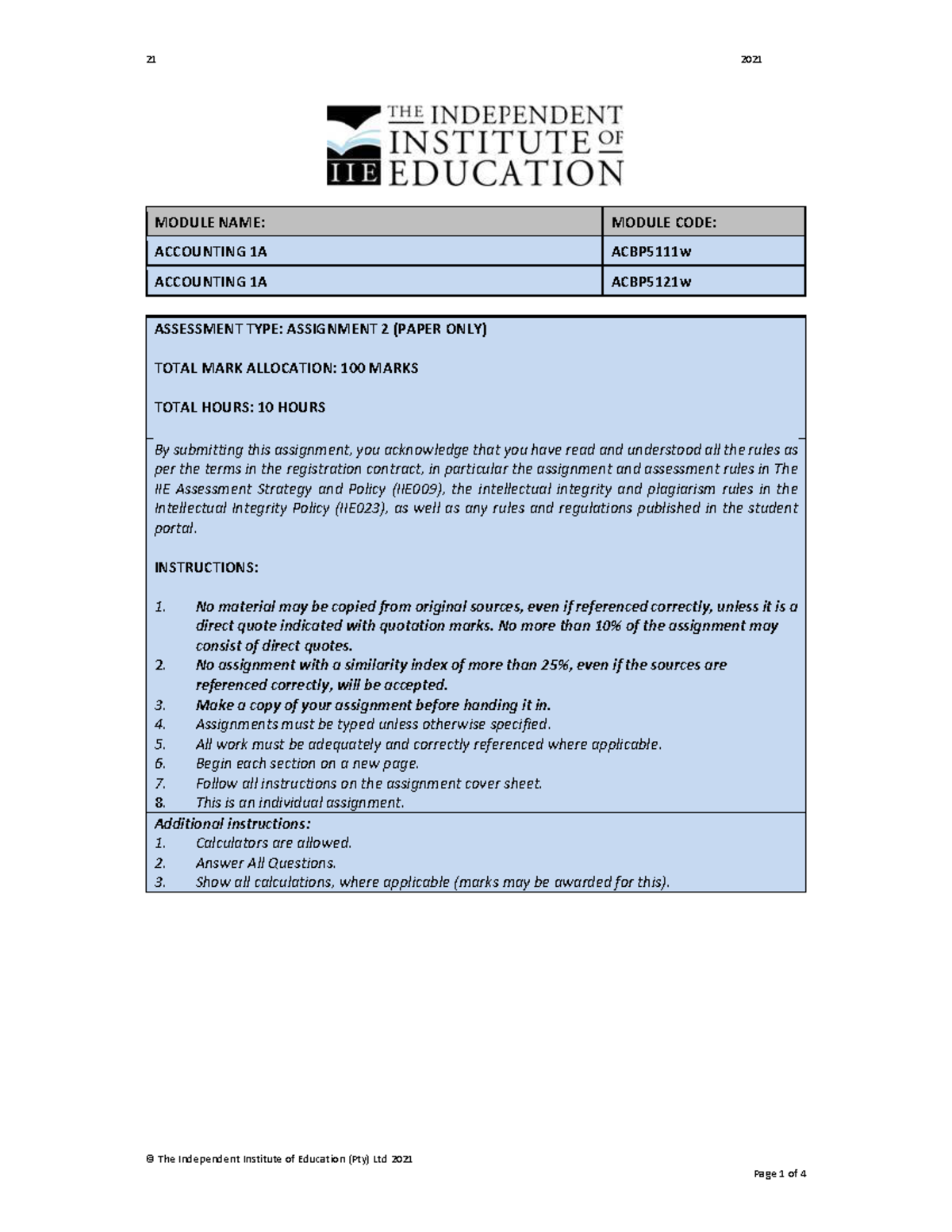 Assignment 2 5 - © The Independent Institute of Education (Pty) Ltd ...