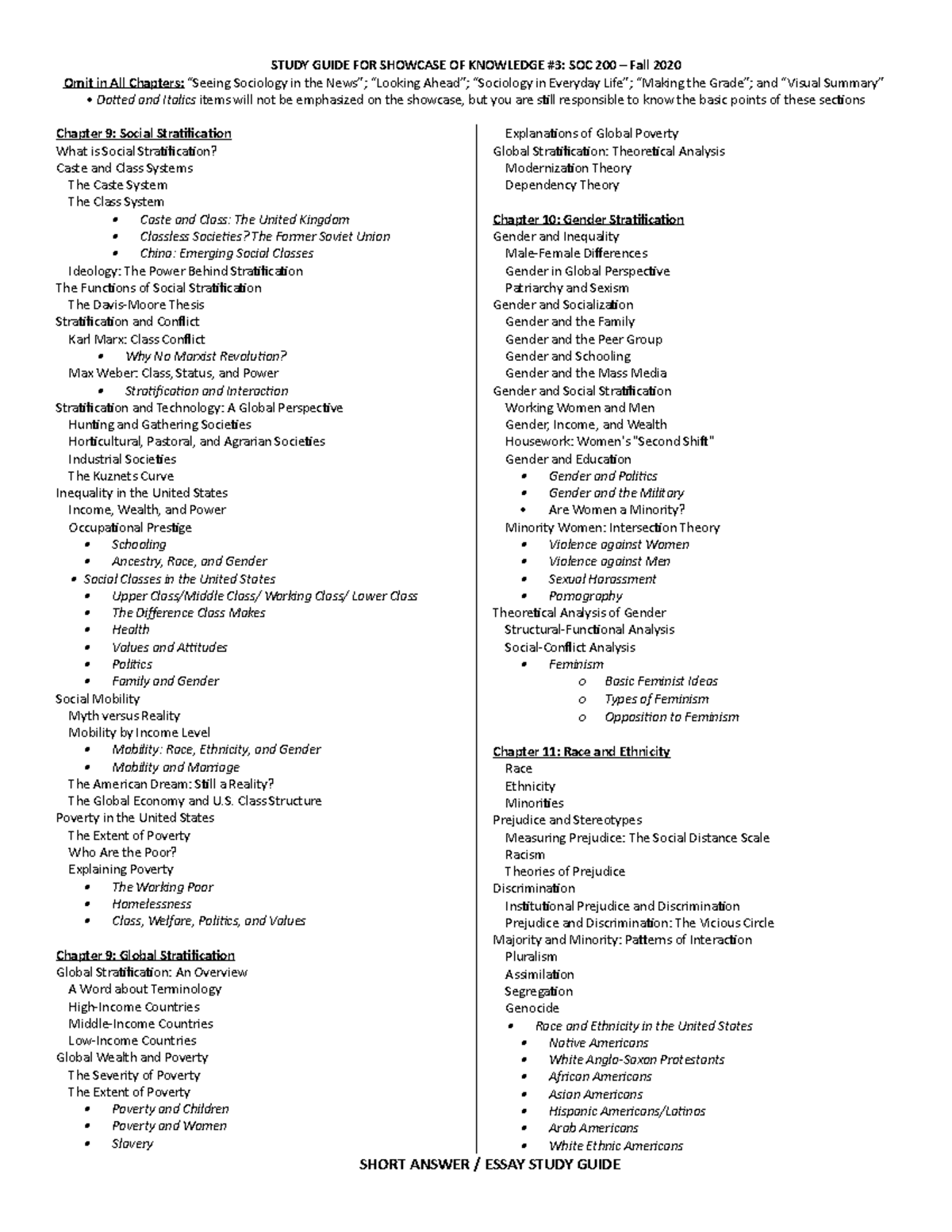 Exam 3 practice - STUDY GUIDE FOR SHOWCASE OF KNOWLEDGE #3: SOC 200 ...