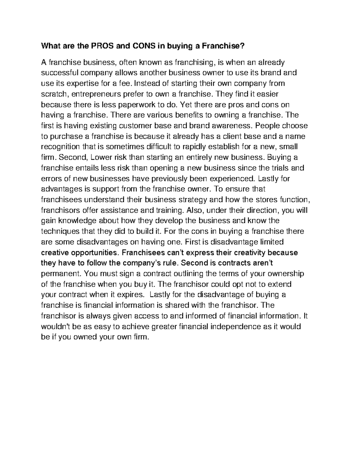 PROS and CONS in buying a Franchise - Instead of starting their own ...