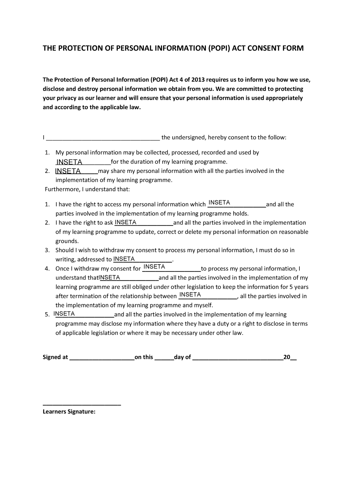 Popi Act Consent Letter