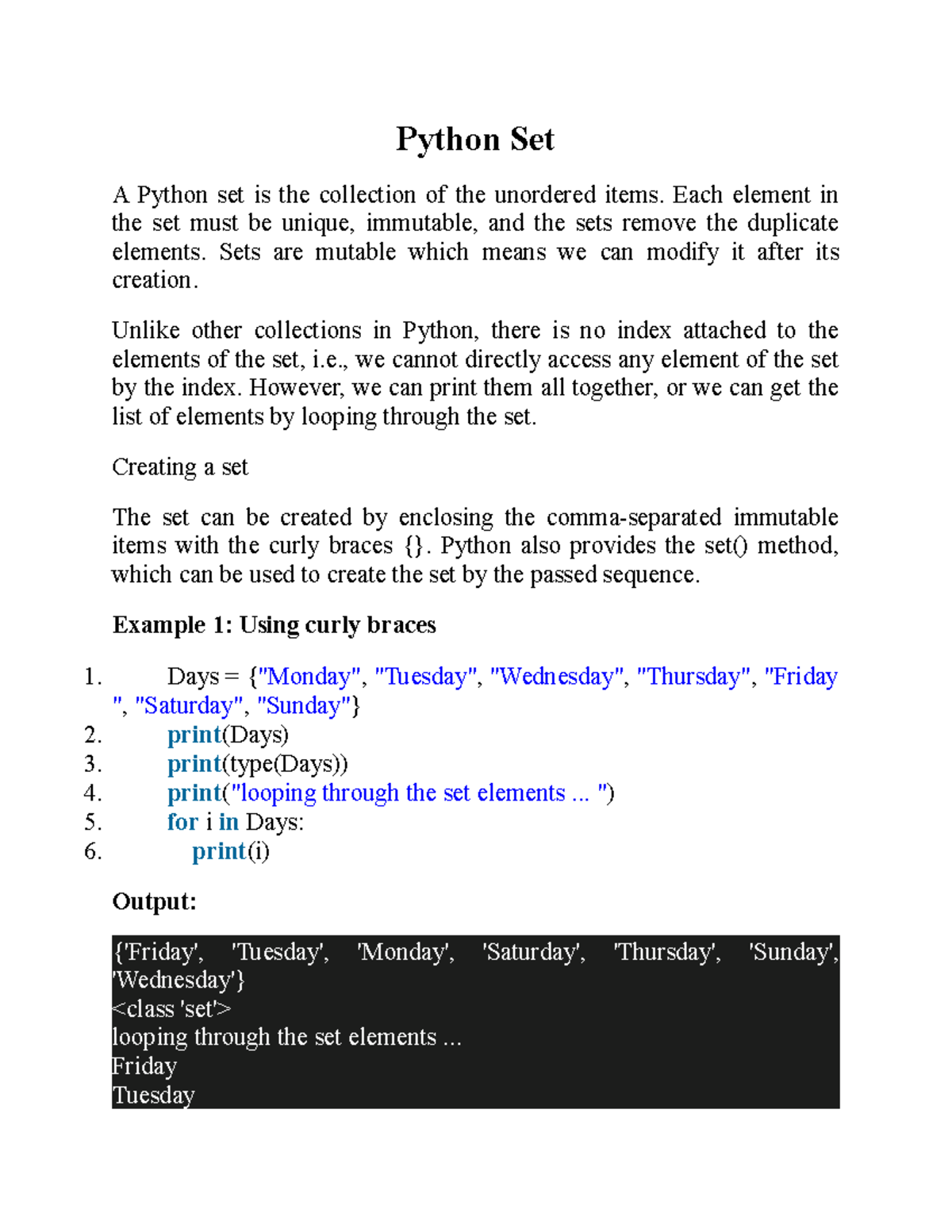 Python Set - Each element in the set must be unique, immutable, and the ...