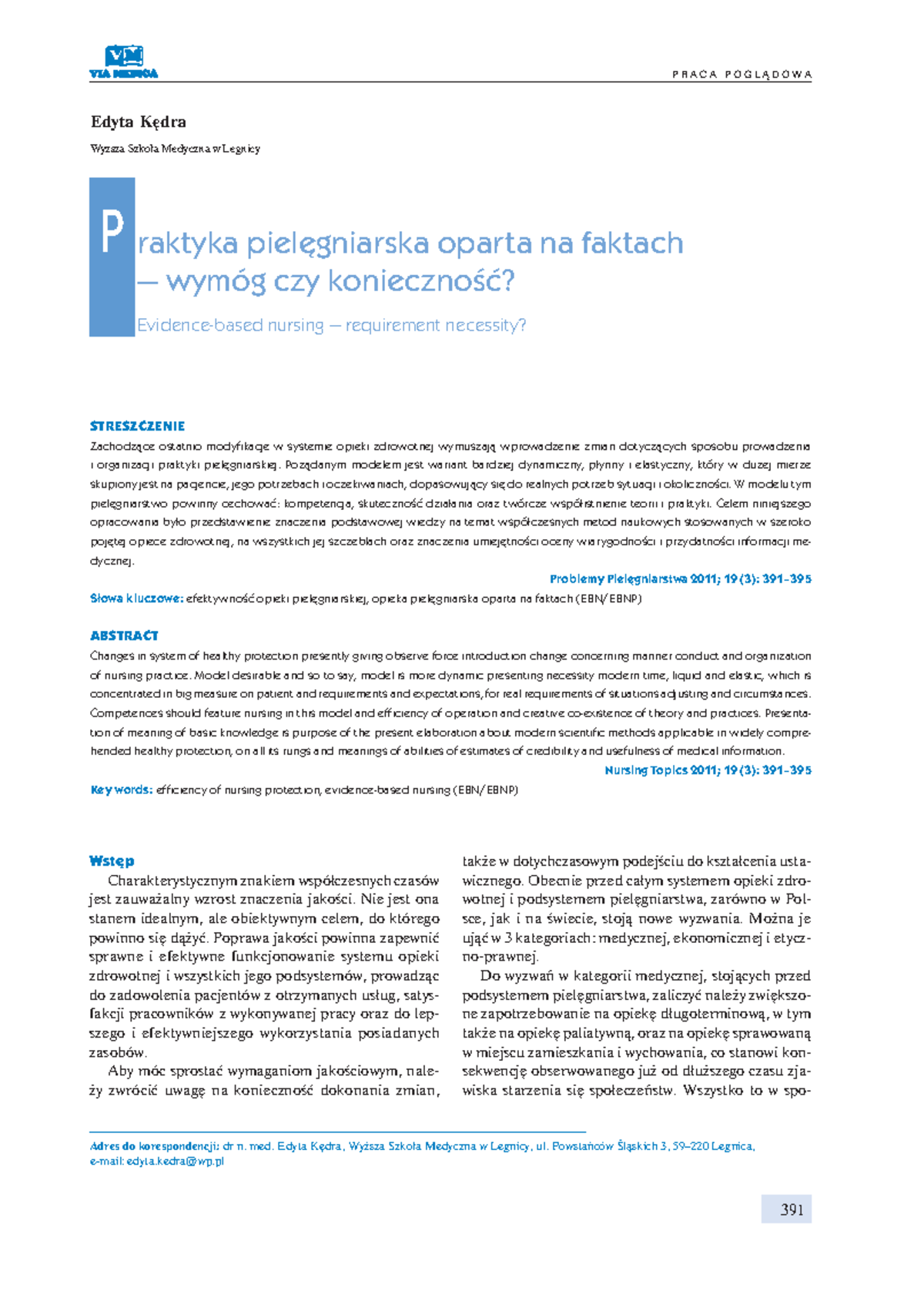 Praktyka pielęgniarska oparta na faktach - P R A C A P O G L Ą D O W A