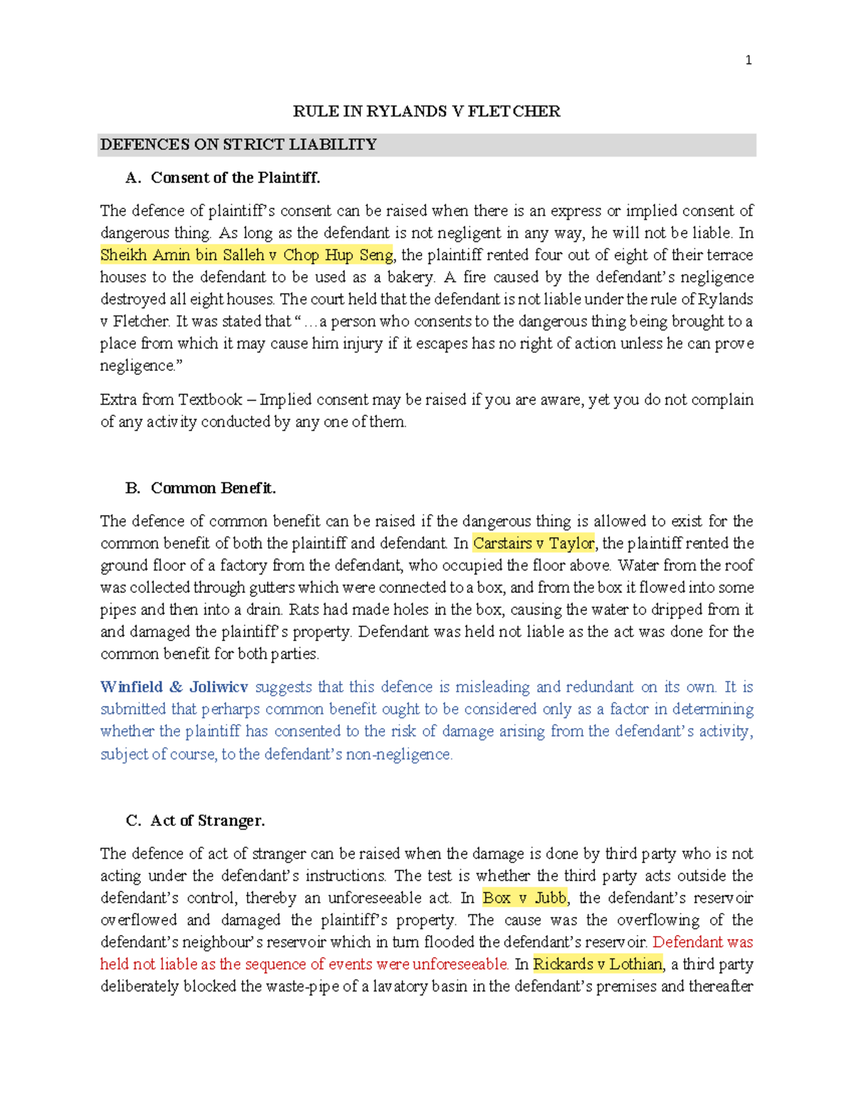 Torts Law 2 Rule in Rylands v Fletcher Part 2 Defences - 1 RULE IN ...