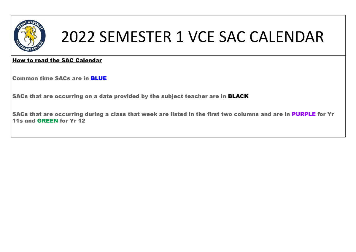 2022 VCE Semester 1 SAC Calendar 2022 SEMESTER 1 VCE SAC CALENDAR How