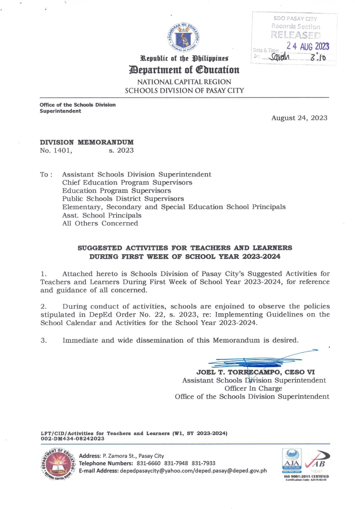 08242023 Division Memorandum No. 1401 S.2023- Suggested Activities For ...