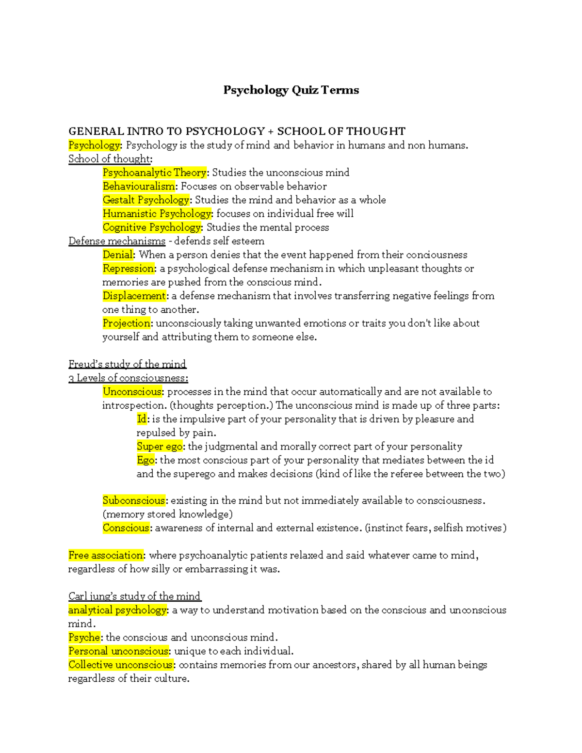 Grade 11 Psychology Glossary - Psychology Quiz Terms GENERAL INTRO TO ...