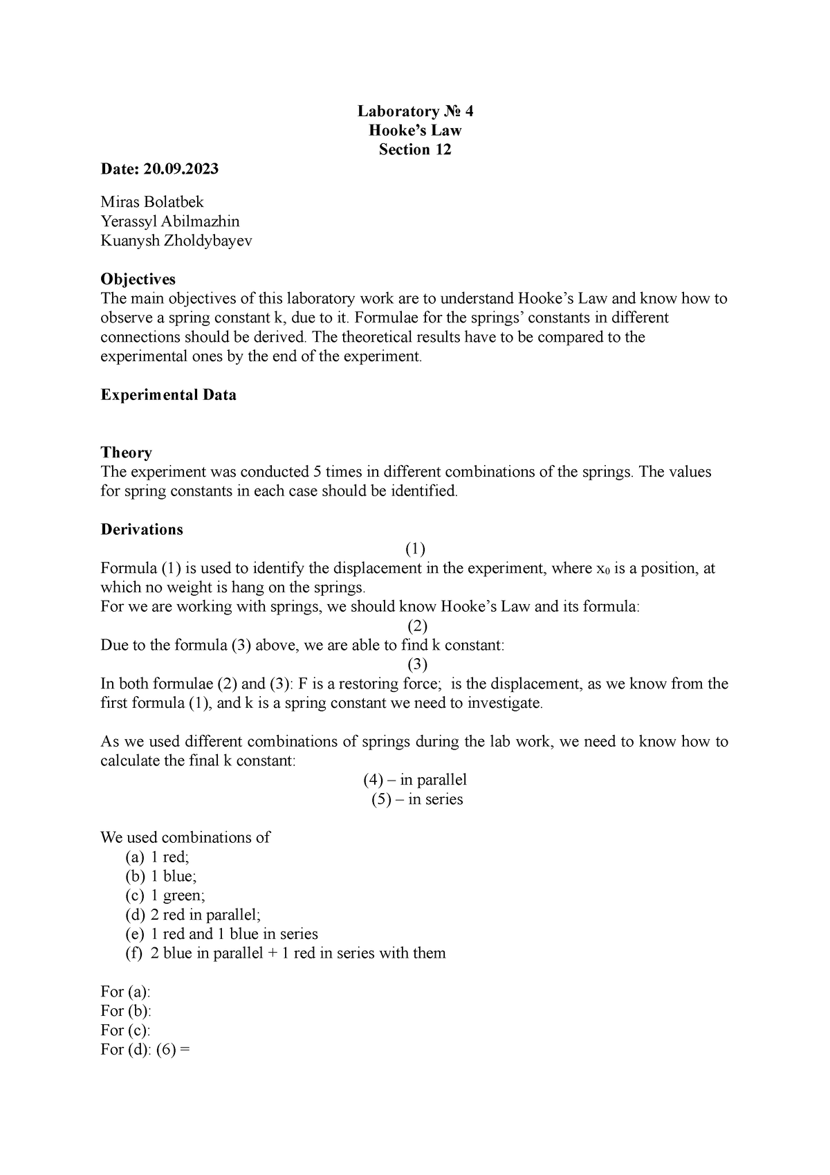 Хукис лоу с дискашном - Hookes law - Laboratory No 4 Hooke’s Law ...