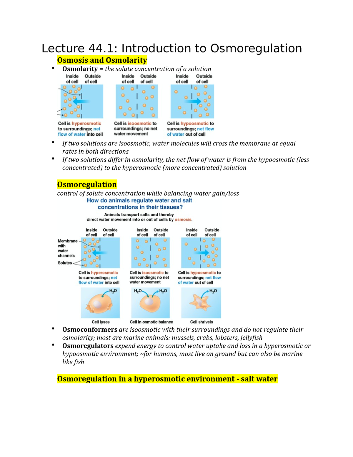 Chapter 44 Part 1 Lecture 44 Introduction To Osmoregulation Osmosis And Osmolarity Osmolarity 0268