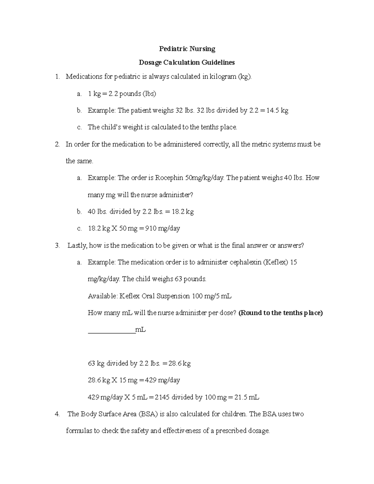 Dosage Calculation Guidelines - Pediatric Nursing Dosage Calculation ...