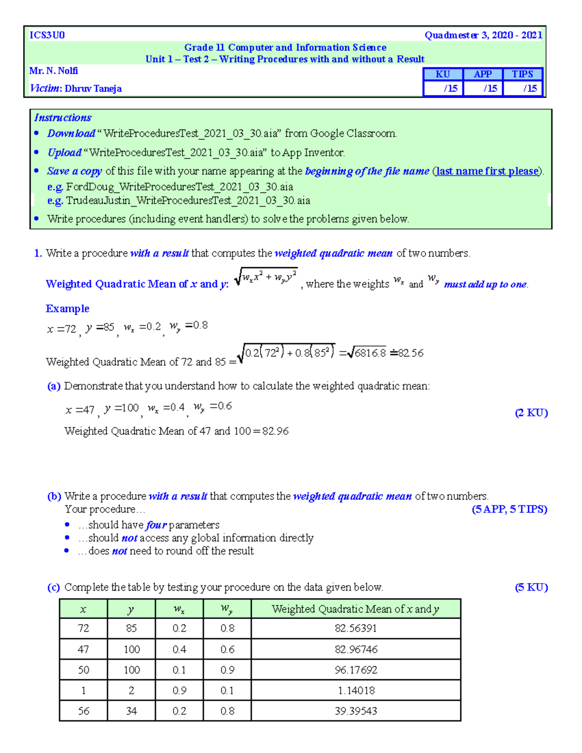 Procedure Writing Test Computer Science Grade 11 - ICS3U0 Quadmester 3 ...