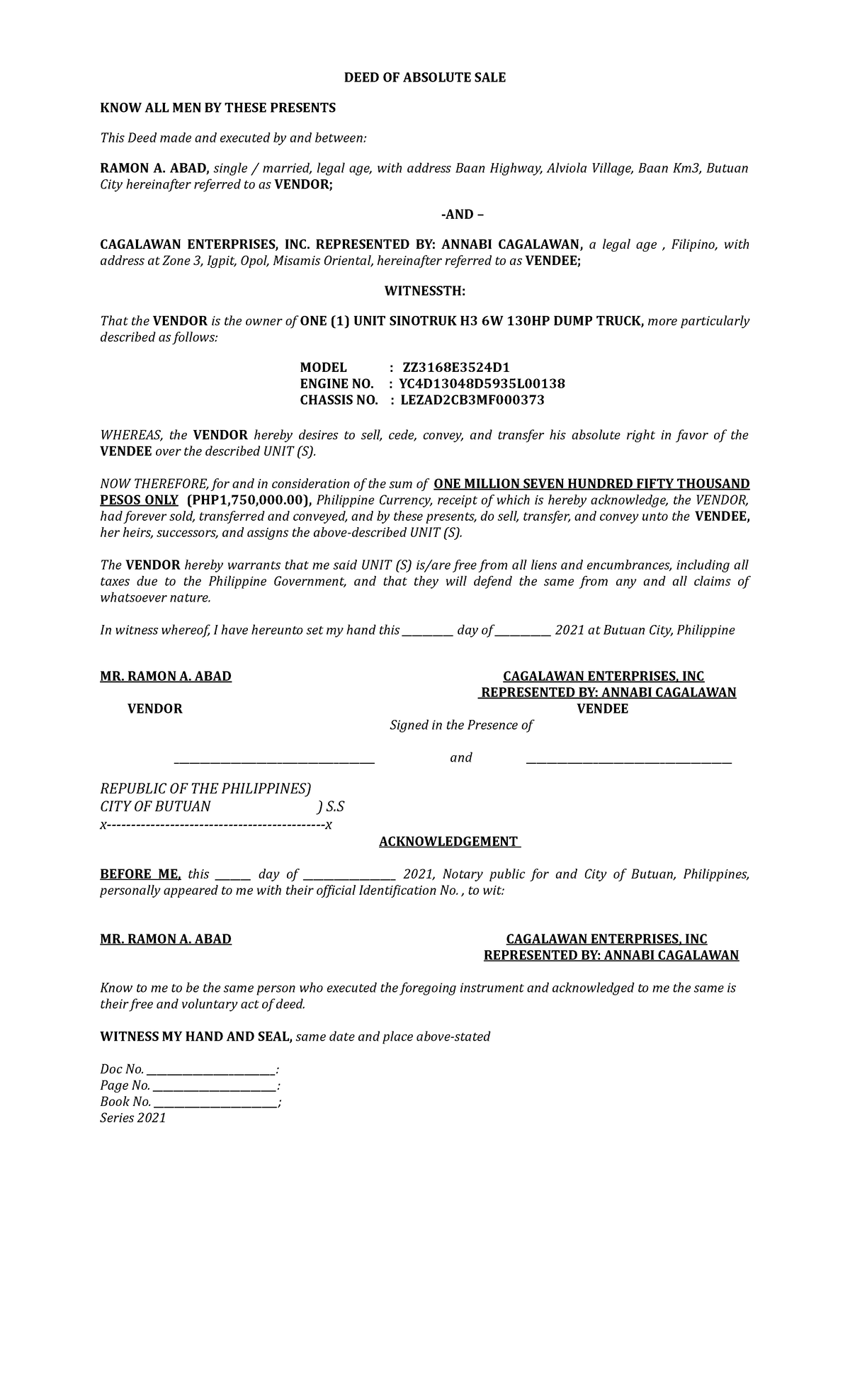 DEED OF Absolute SALE - Hdhd - DEED OF ABSOLUTE SALE KNOW ALL MEN BY ...