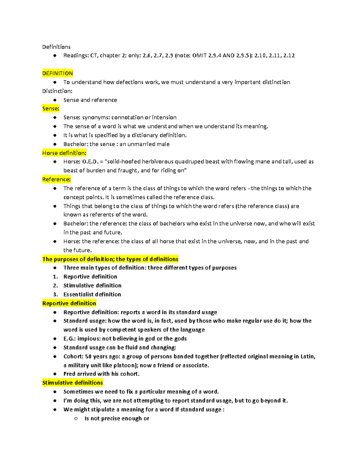 Definitions - Notes On Ct - Definitions Readings: Ct, Chapter 2: Only 