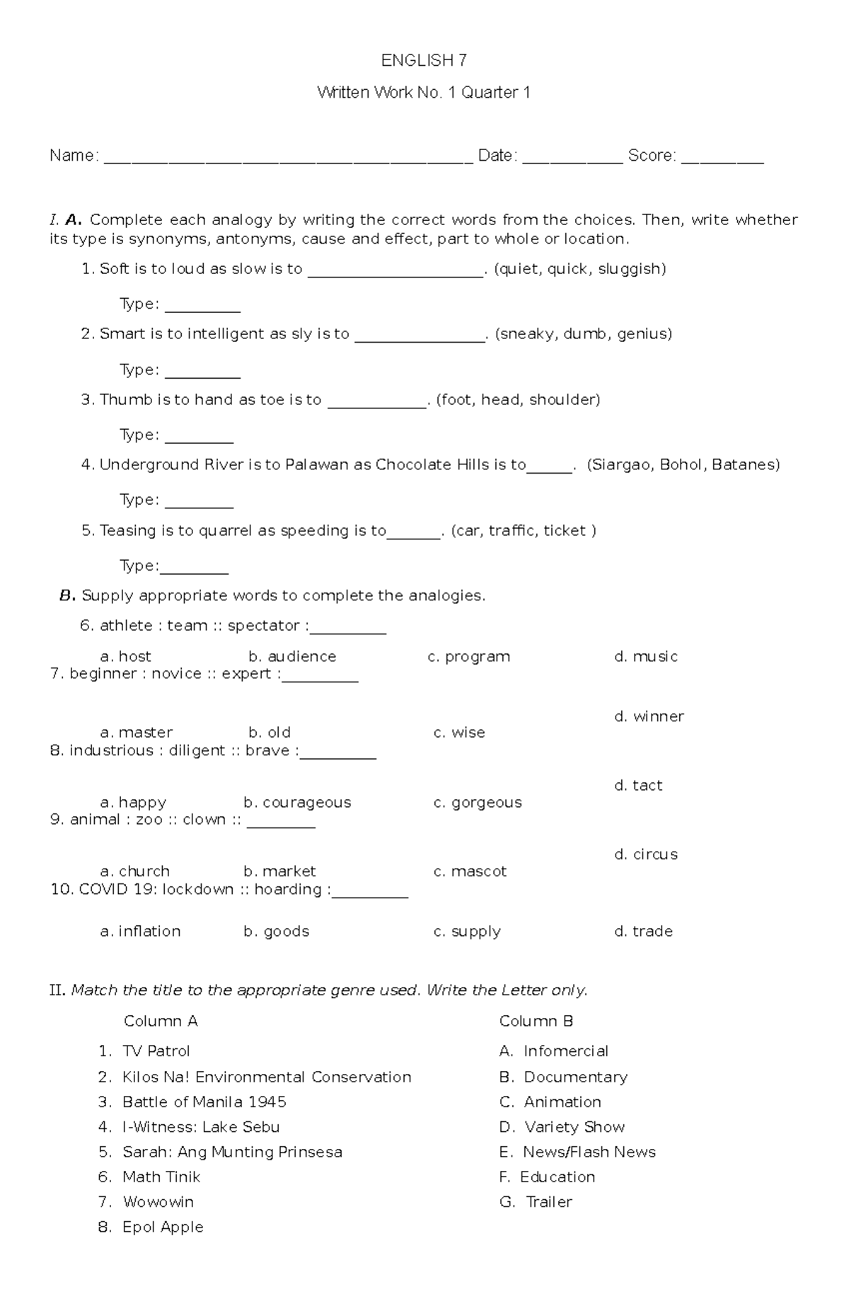 ST English 7 activity sheet - ENGLISH 7 Written Work No. 1 Quarter 1 ...