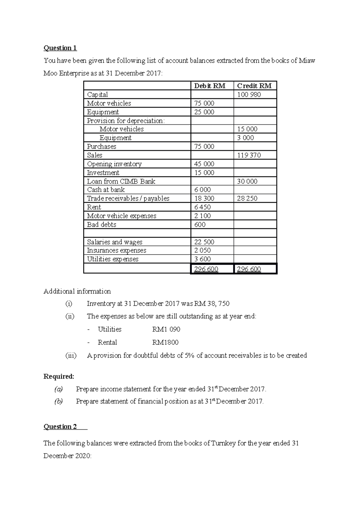 Revision Income Statement - Question 1 You have been given the ...