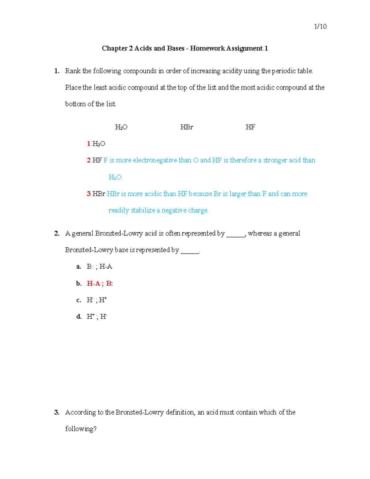 Chapter 2 Acids and Bases Quiz 1 Chapter 2 Acids and Bases Homework