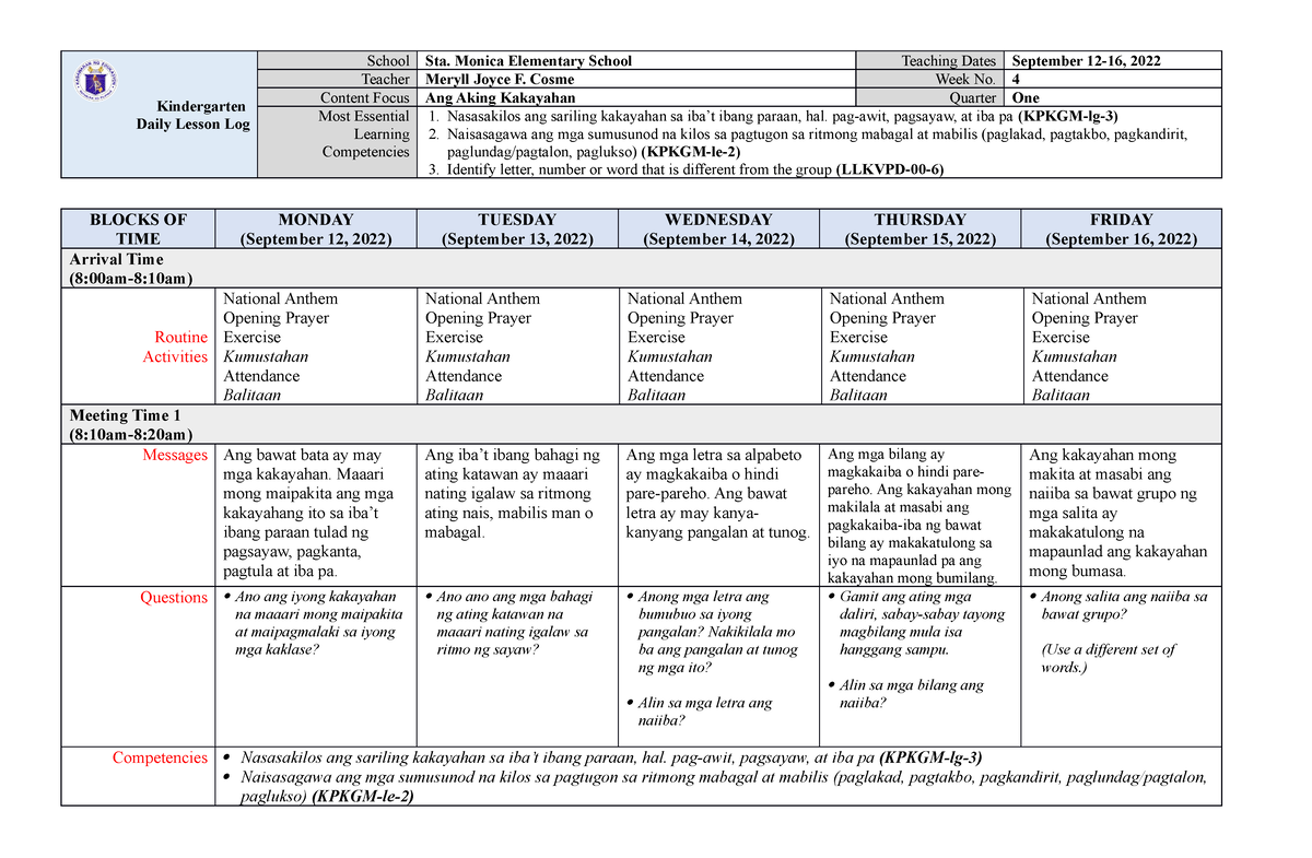 Kindergarten Dll Melc Q1 Week 4 Kindergarten Daily Lesson Log School Sta Monica Elementary 2053