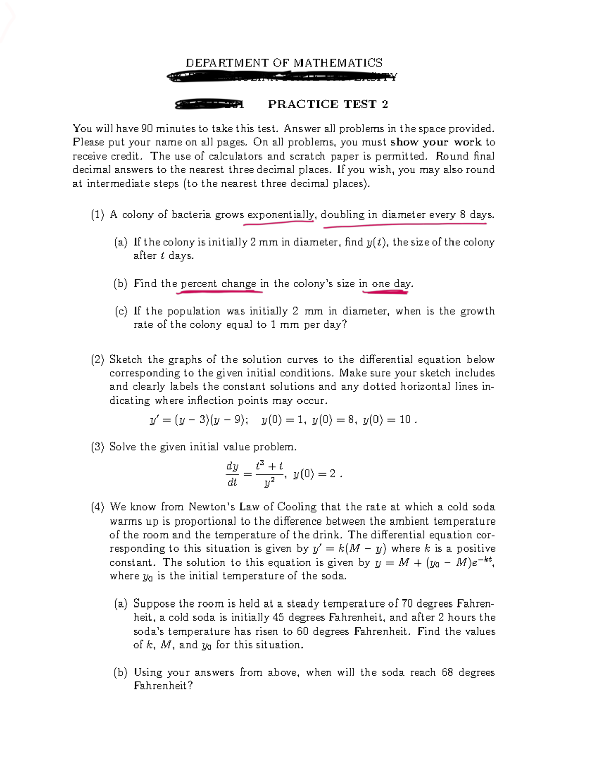 Practice Test 2 with answer key DEPARTMENT OF MATHEMATICS NORTH