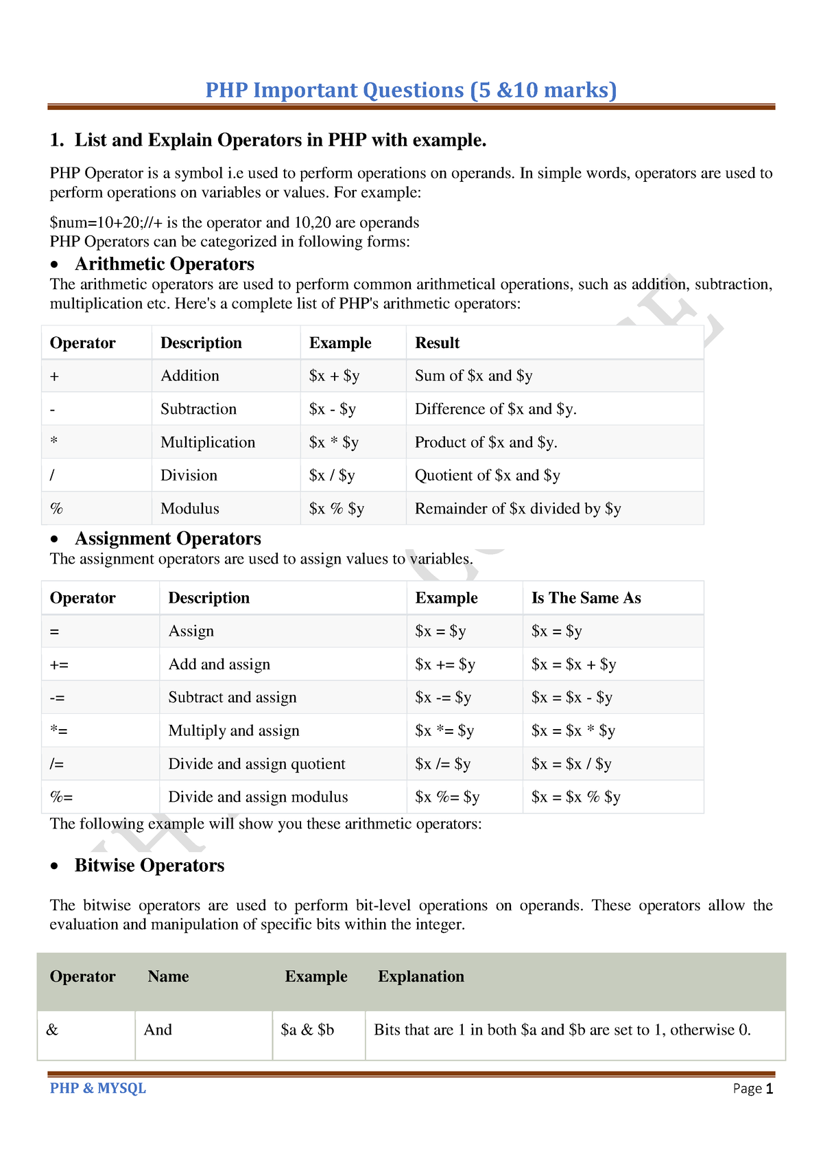 php-imp-questions-1-list-and-explain-operators-in-php-with-example
