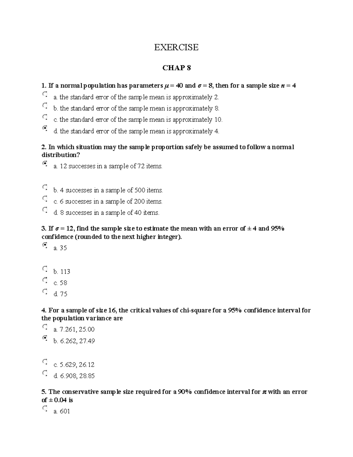 Exercise fromSB 2021 - EXERCISE CHAP 8 If a normal population has ...