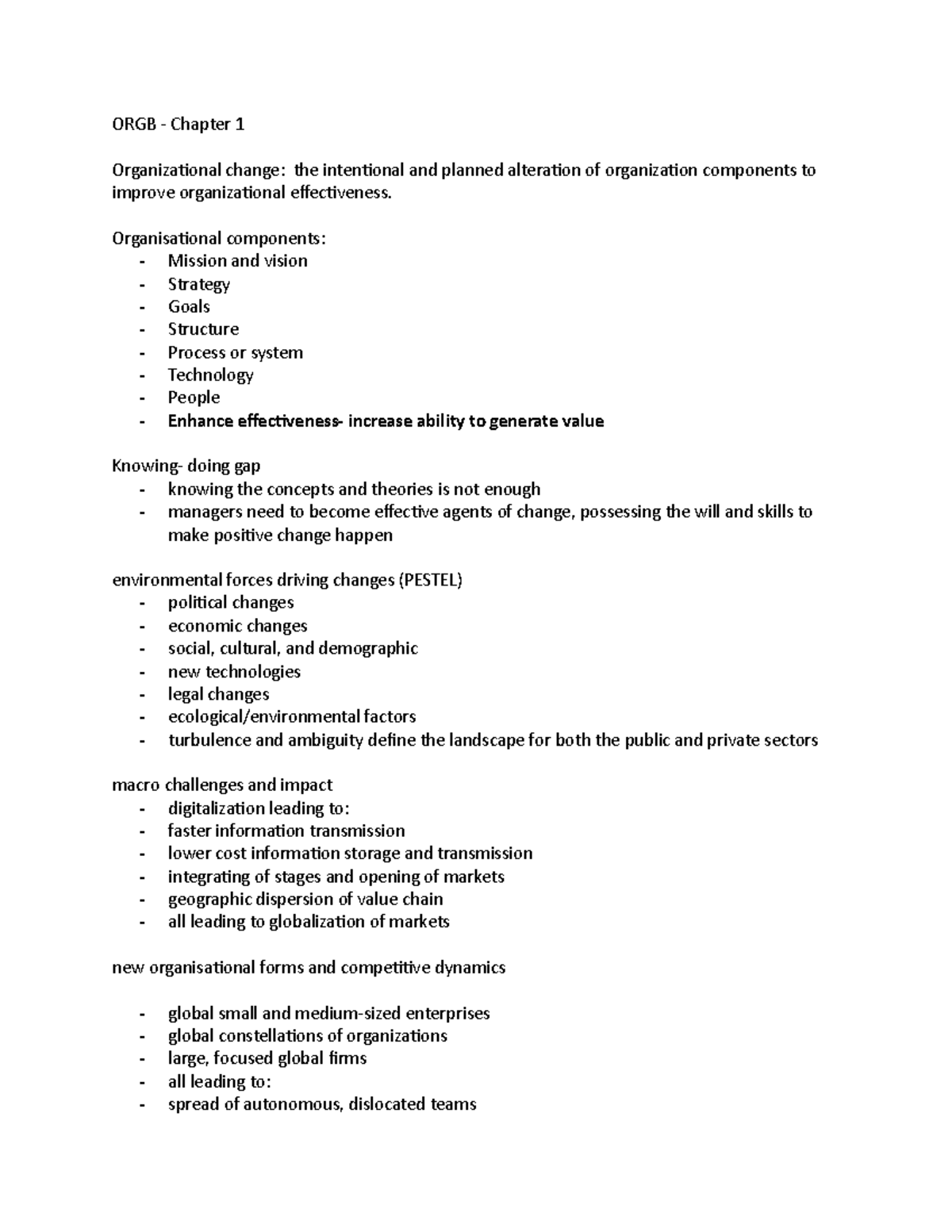 ORGB Notes Chapter 1,2,3,4 - ORGB - Chapter 1 Organizational Change ...