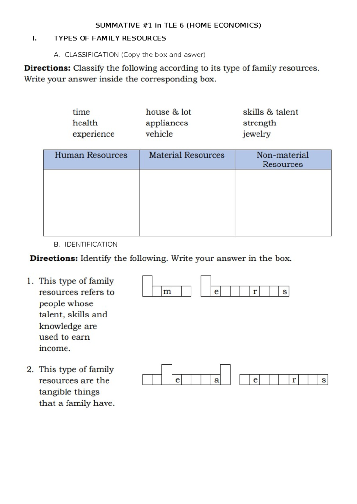 TLE #1 - Sample Summative Test - Bachelor of Elementary Education ...