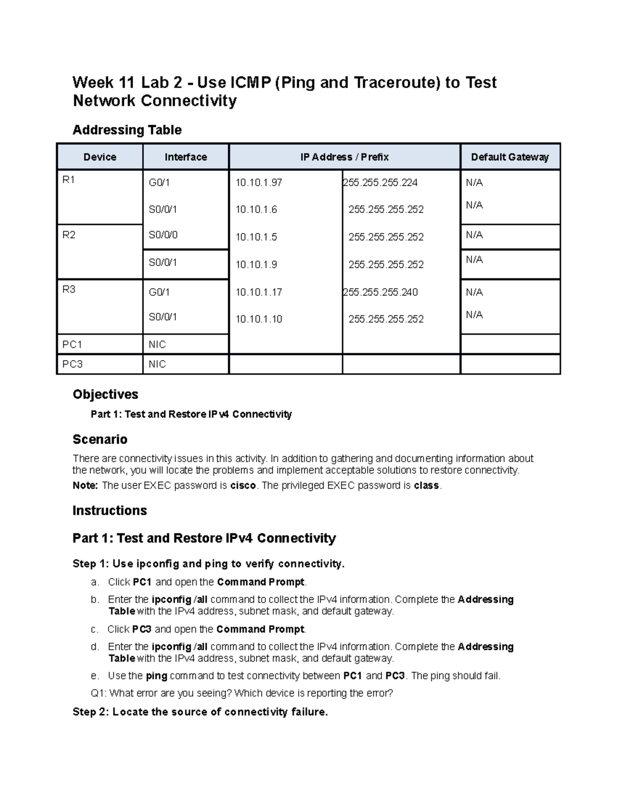 Week 11 Lab 2 - Use ICMP to Test and Correct Network Connectivity ...