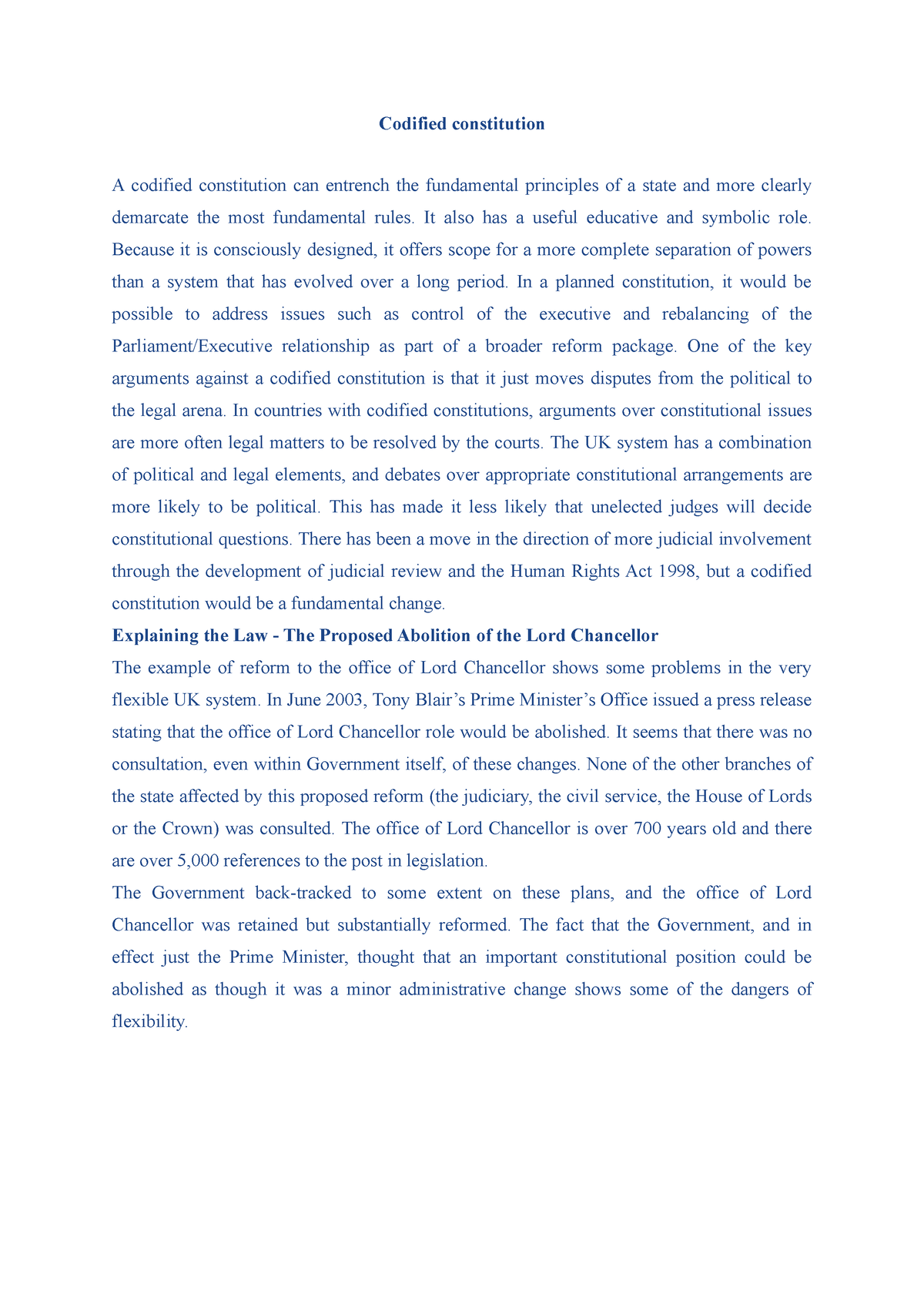 codified or uncodified constitution uk essay