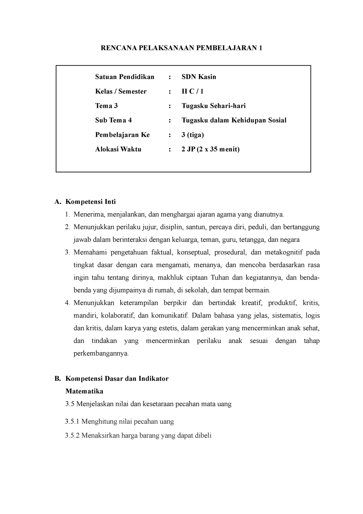 RPP Kelas 2 Tema 3 Pemb 3 2JP - RENCANA PELAKSANAAN PEMBELAJARAN 1 A ...