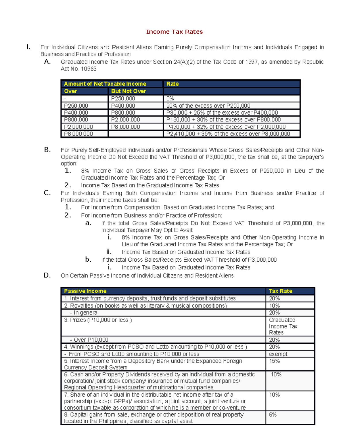 Graduated TAX table for solving tax due Tax Rates I. For Individual Citizens and