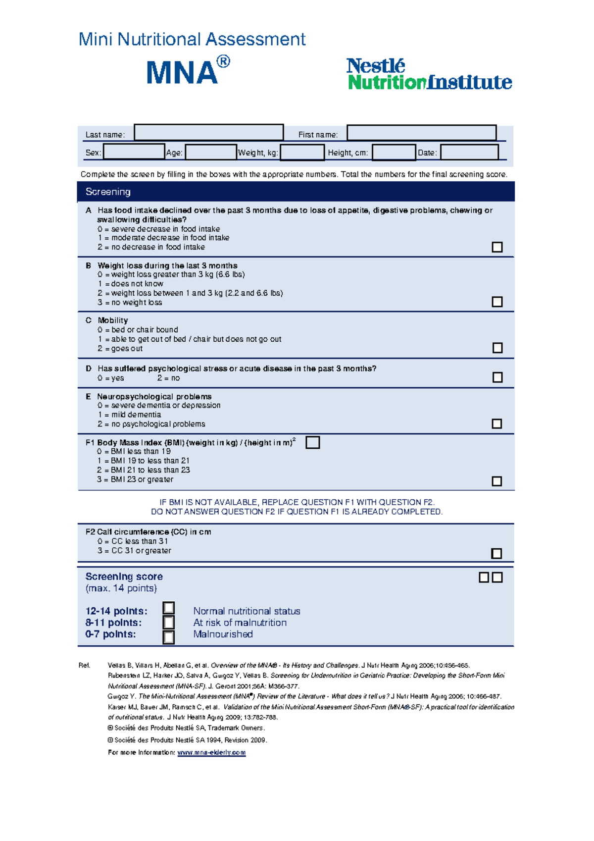 Mna Sf Nutrition Screening Tool Complete The Screen By Filling In