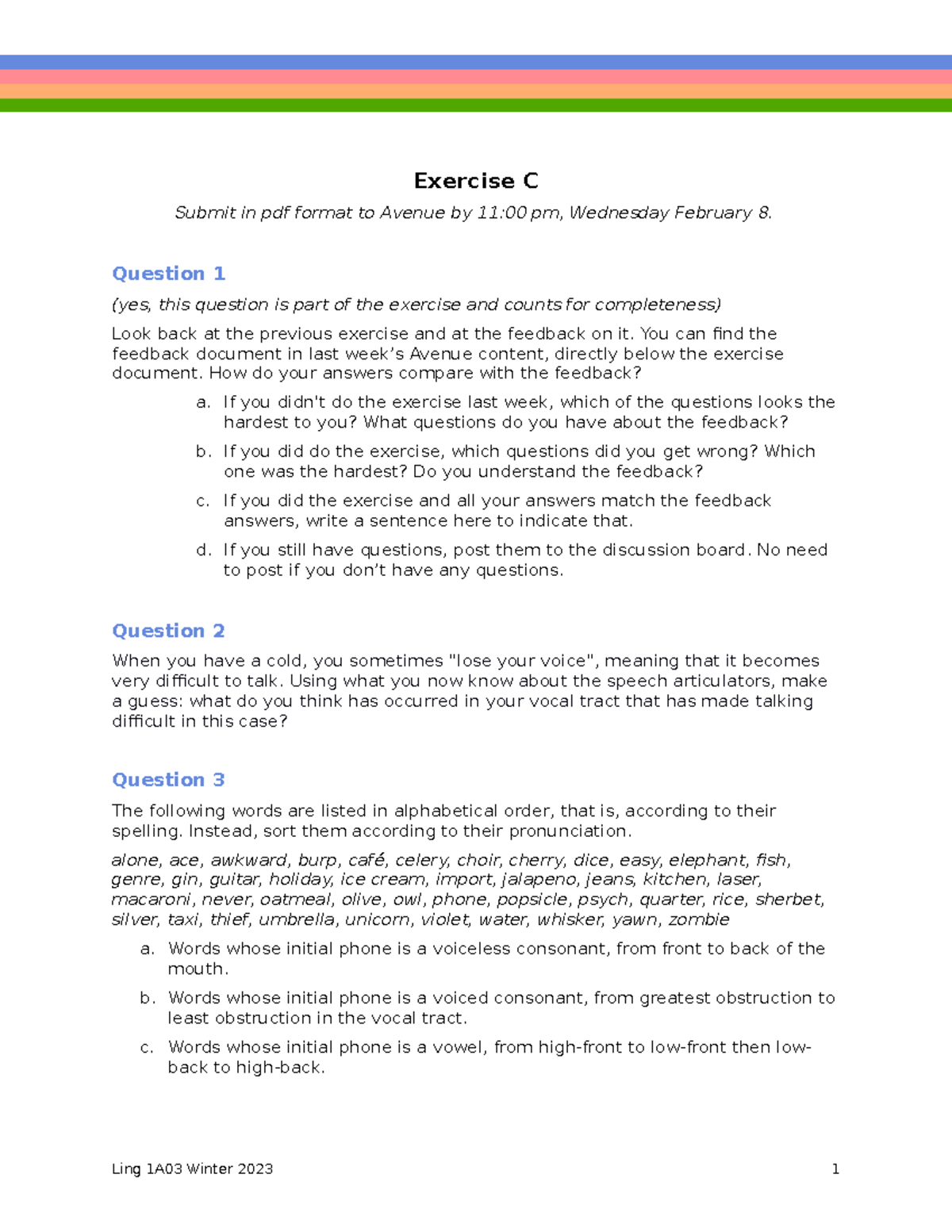 Exercise C worksheet - Exercise C Submit in pdf format to Avenue by 11: ...