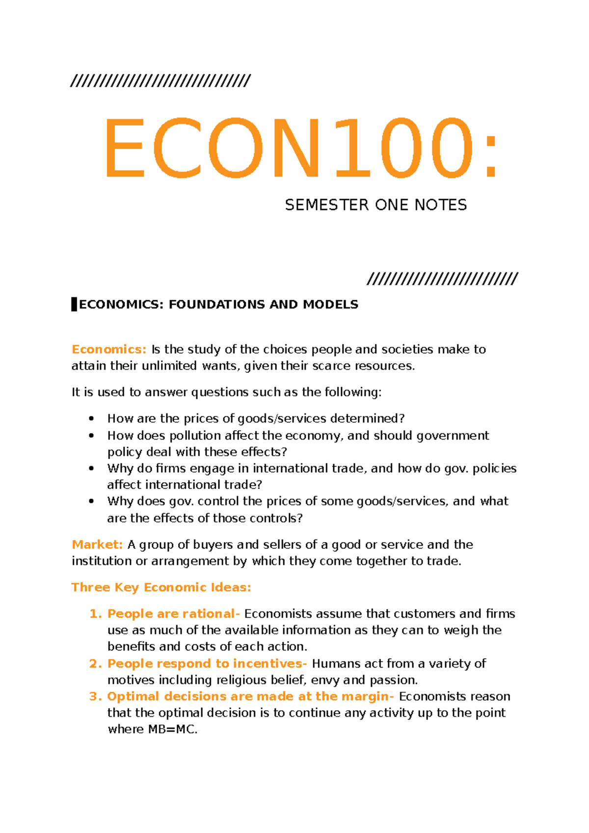 ECON100 Semester One Notes - ECON100: SEMESTER ONE NOTES ECONOMICS ...