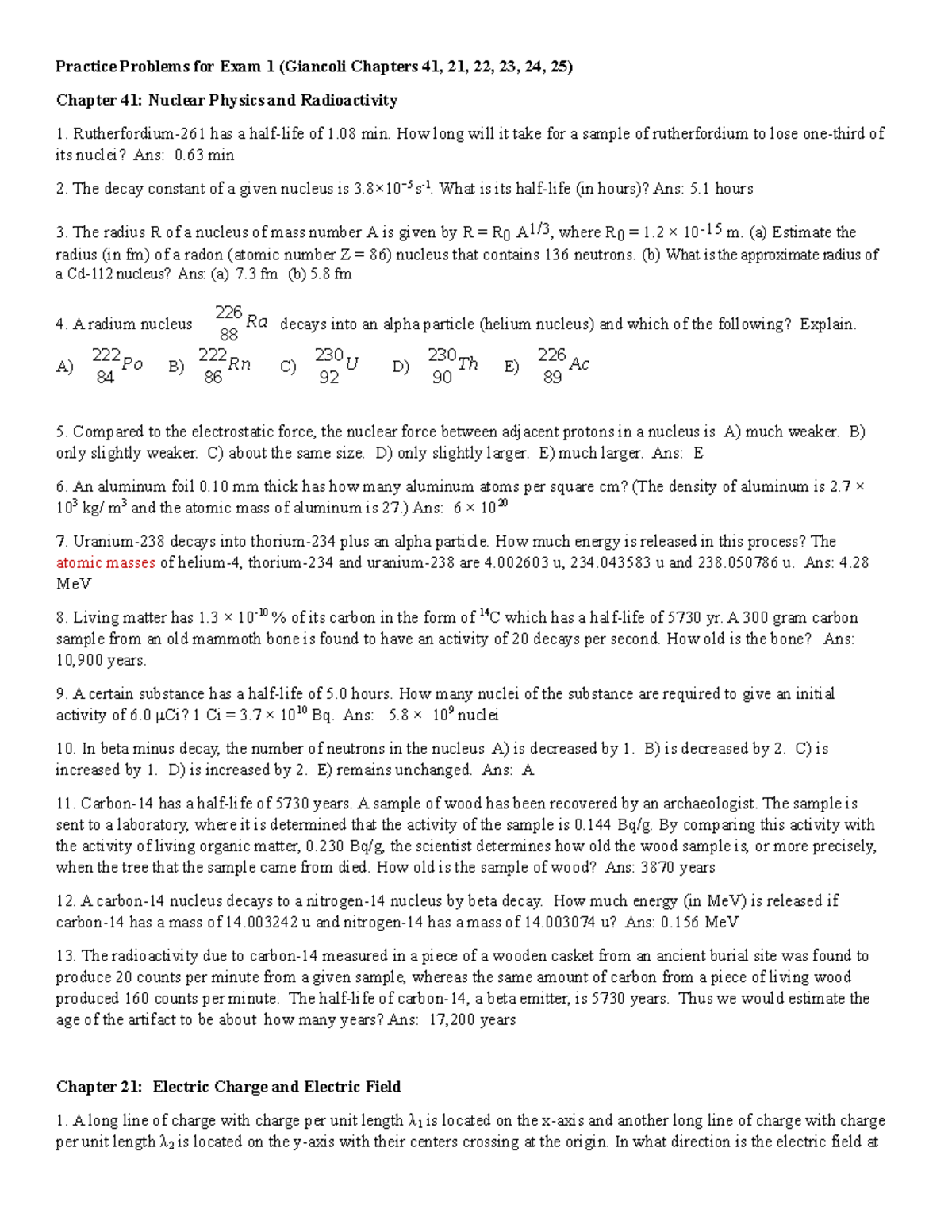 Phy 102 112 Practice Problems For Exam 1 Studocu