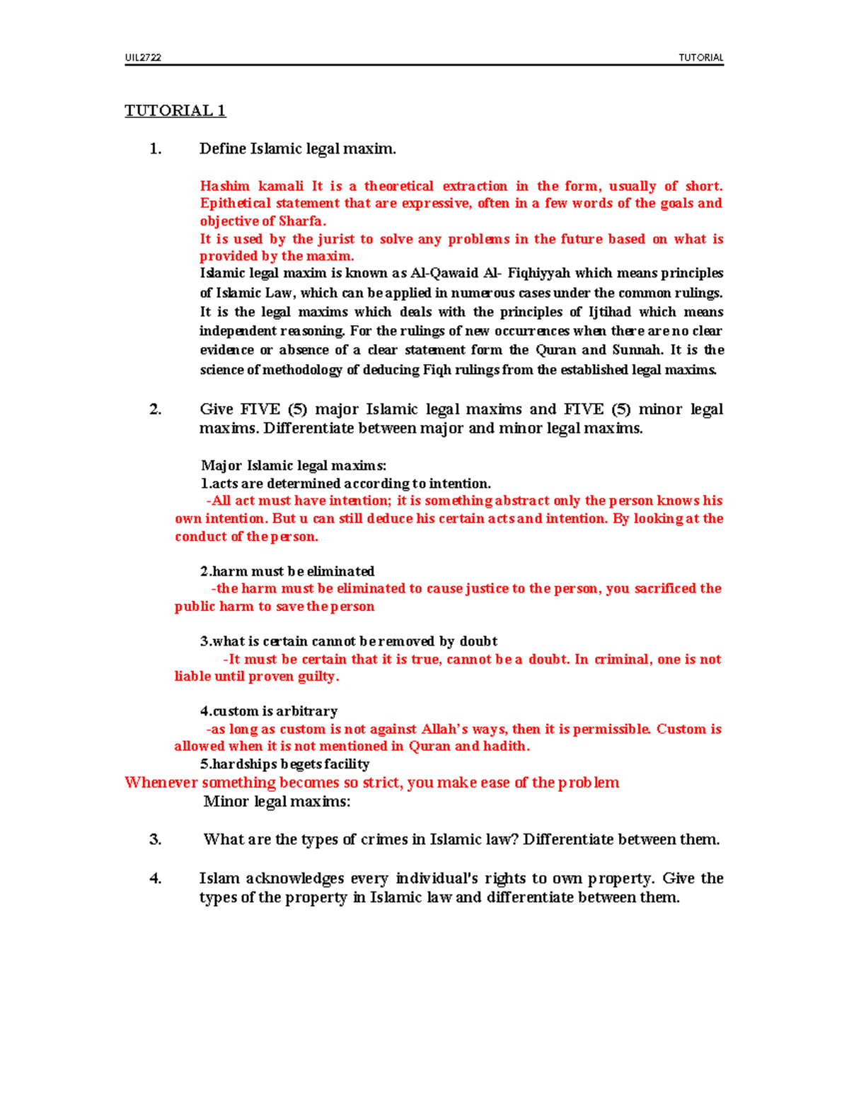 Tutorial 1 Uil2722 Tutorial Tutorial 1 1 Define Islamic Legal Maxim